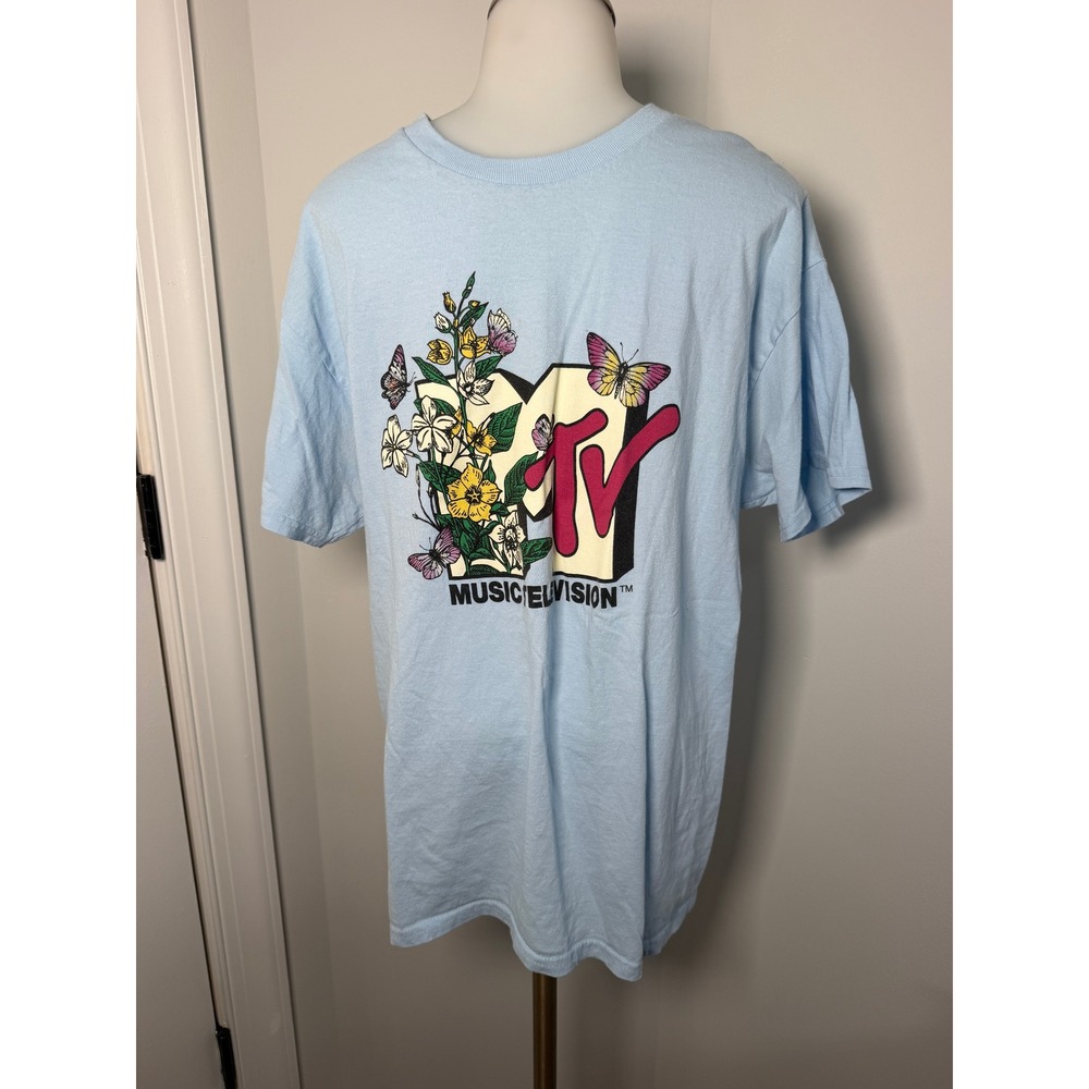 MTV Music Television Floral Butterfly Graphic T-Shirt Light Blue Large 2022